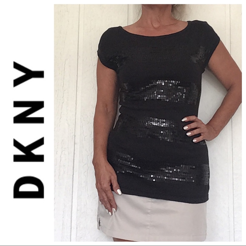 DKNY BLACK SEQUIN STRIPE COTTON TOP MEDIUM